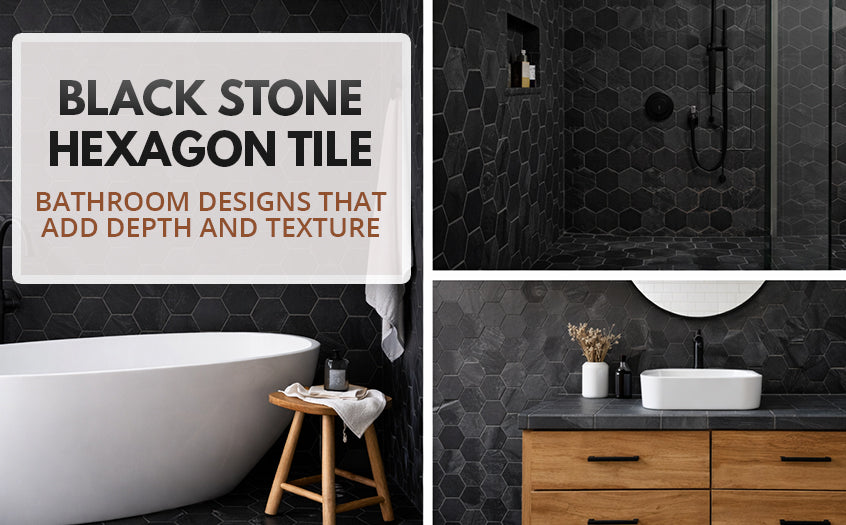 Black stone hexagon tile bathroom design showcasing textured walls, a modern bathtub, and a wood vanity adding depth and visual contrast