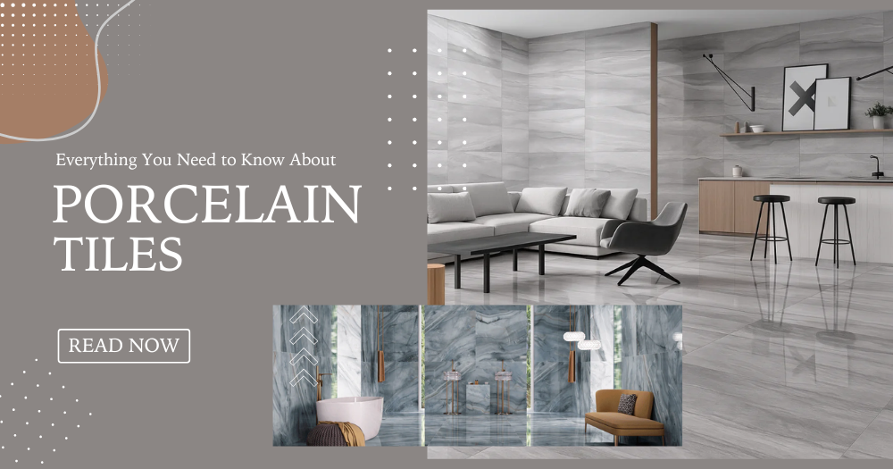 Modern living room and bathroom interiors featuring elegant gray porcelain tiles on floors and walls; minimalist furniture, warm lighting, and clean design highlighting the beauty and versatility of porcelain tile surfaces.