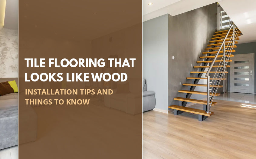 Tile flooring that looks like wood installed in a modern home interior, showcasing natural wood-look tile planks with a staircase, highlighting installation tips and design considerations.