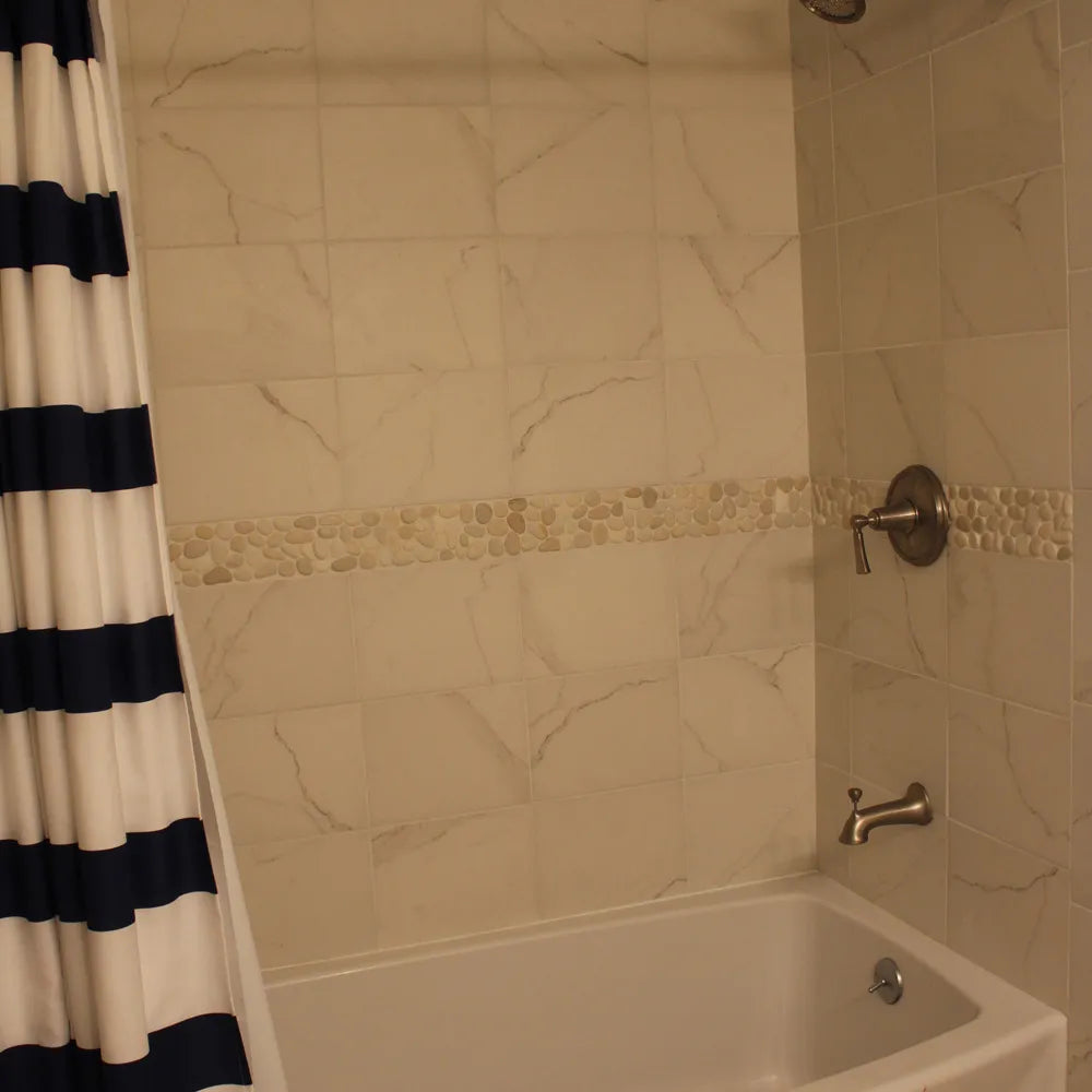 White Pebble Tile Border - 4" x 12" Unpolished Natural River Stone for Bathroom Kitchen Pool & Outdoor - Pebble Tile Shop