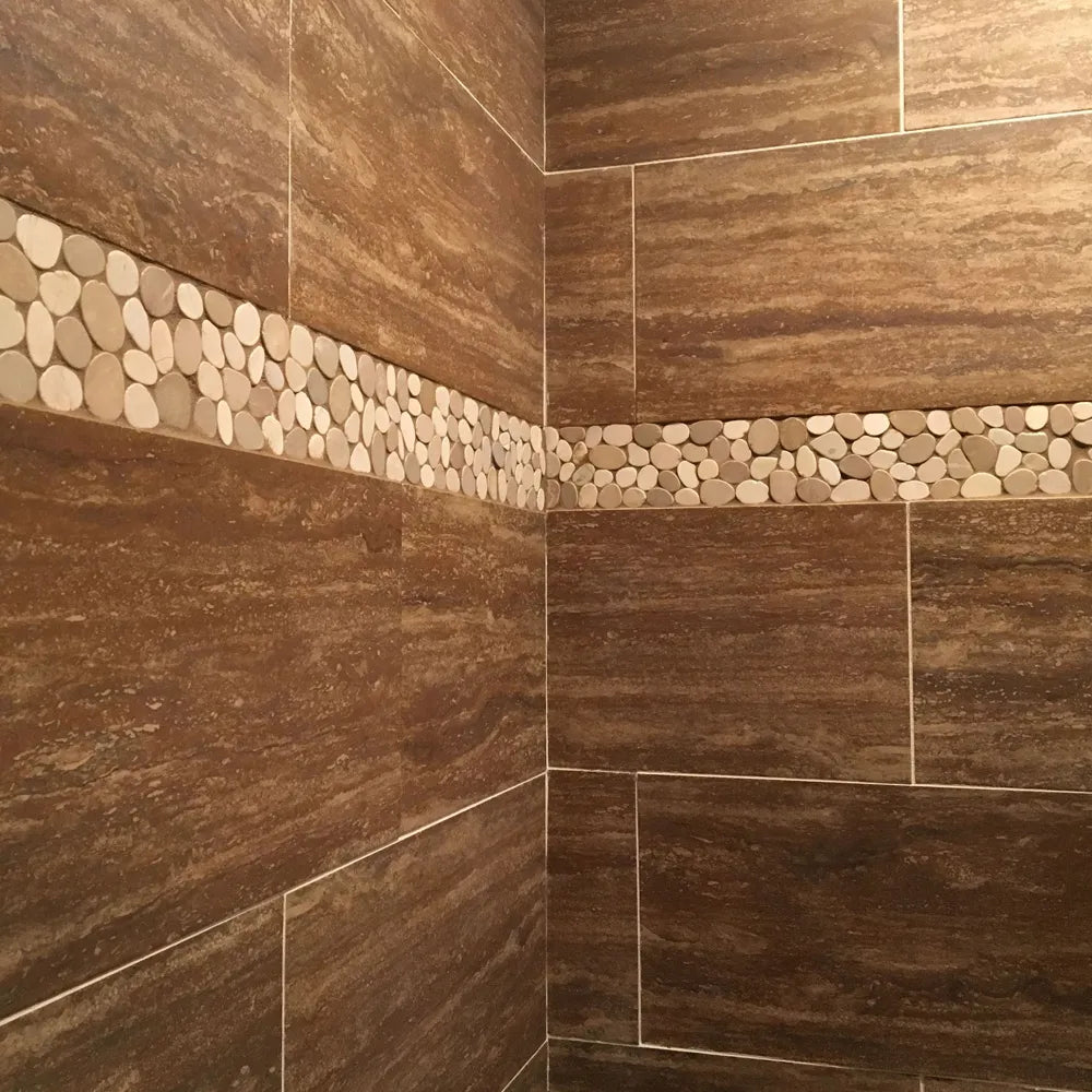 Sliced Java Tan and White Pebble Tile Border - Pebble Tile Shop