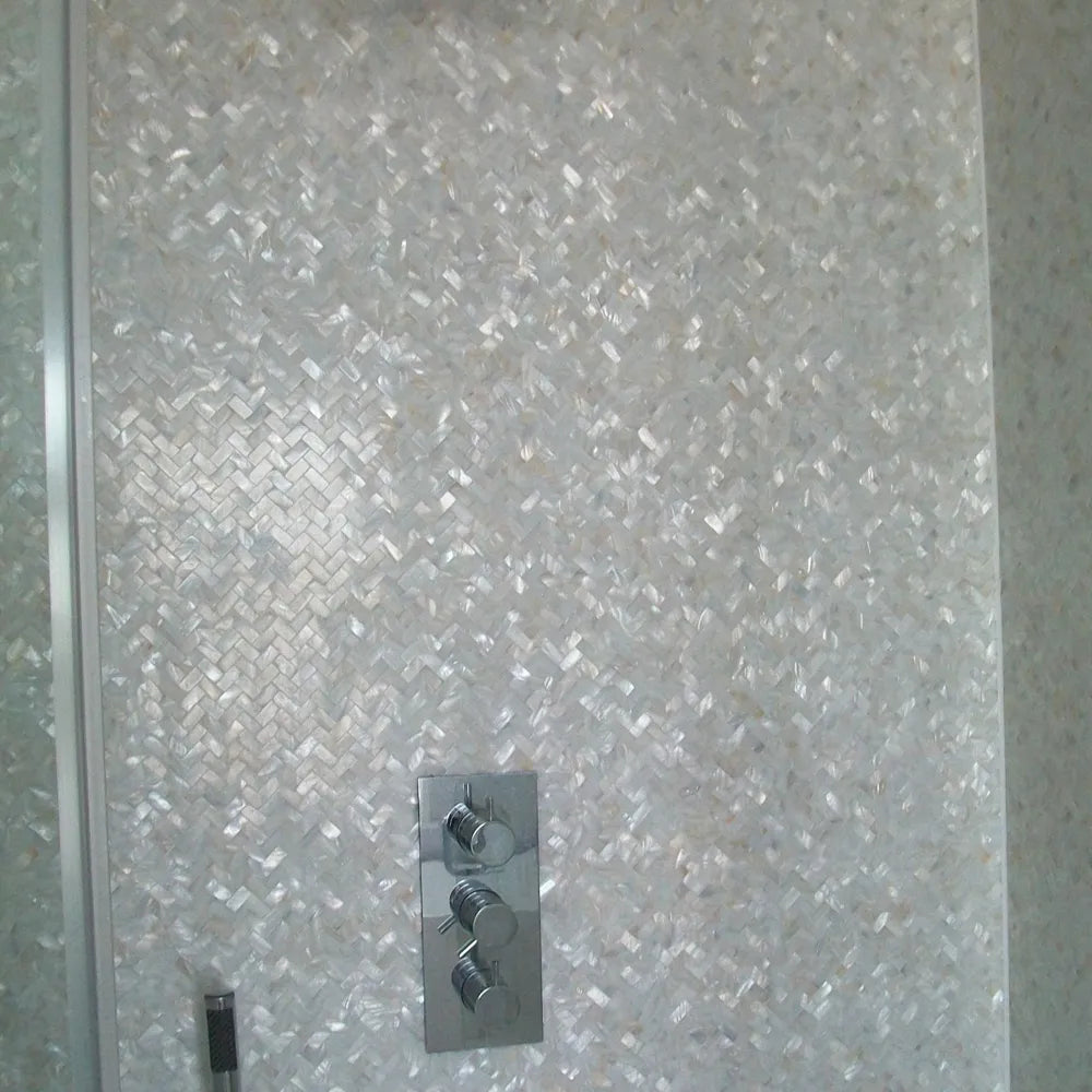 White Groutless Herringbone Pearl Tile - Pebble Tile Shop