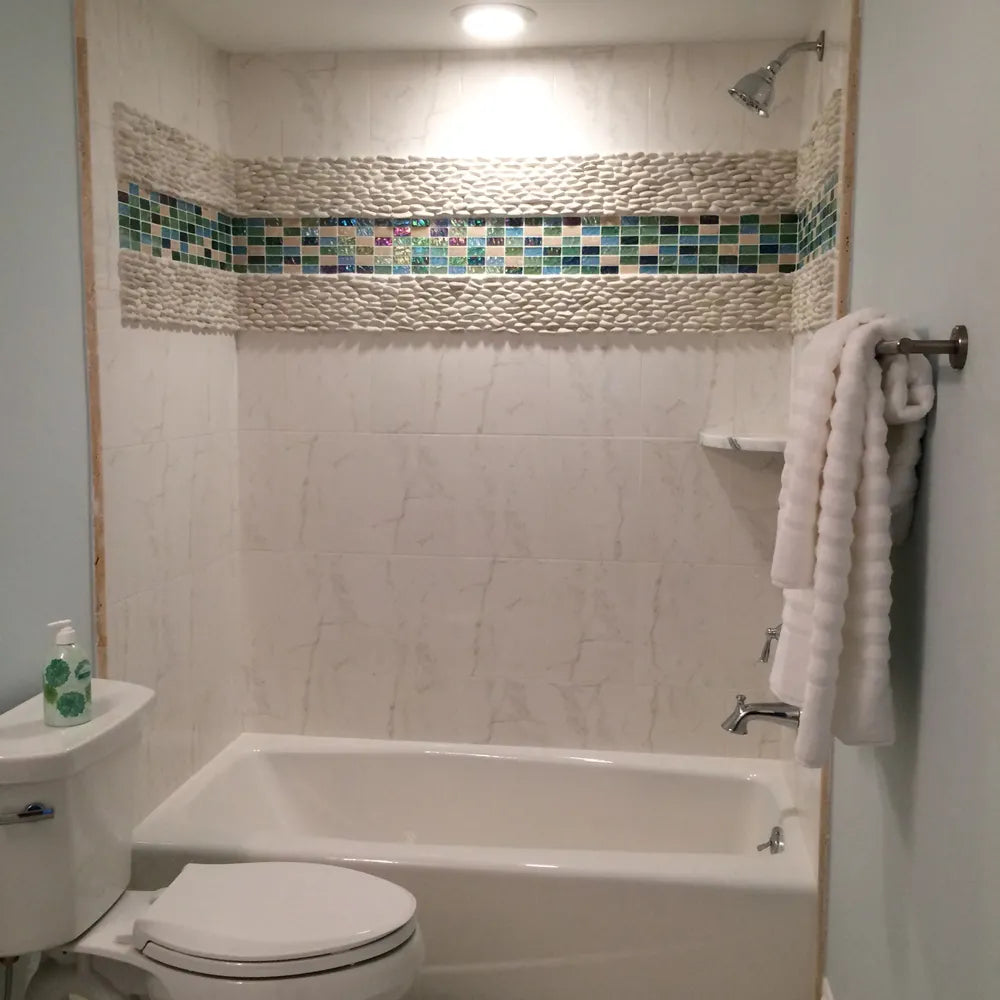 White Standing Pebble Tile - 6" x 12" Natural Stone for Shower Walls Backsplashes Accent Walls - Pebble Tile Shop