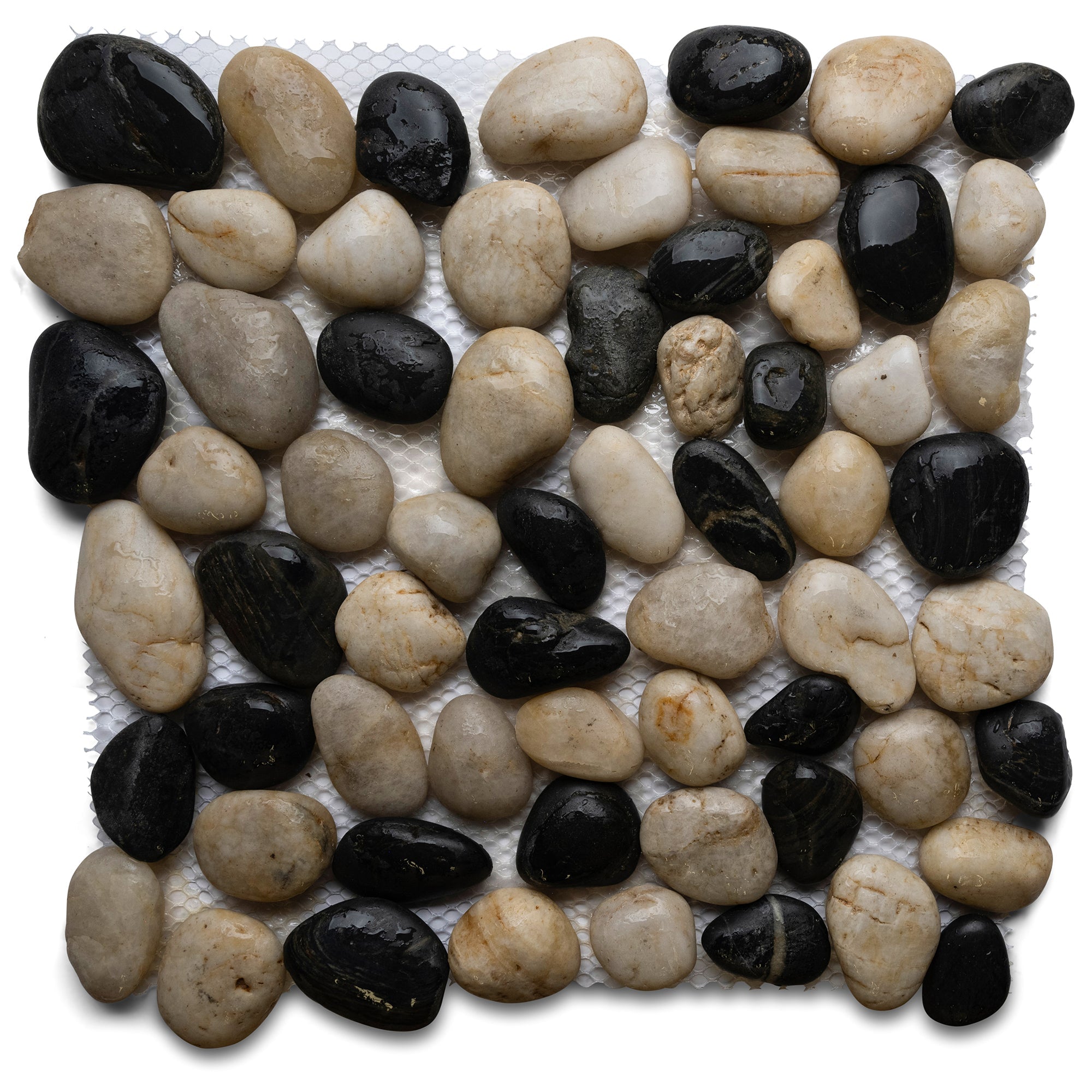 Polished Black and White Pebble Tile – 12" x 12" Natural Stone Mesh-Backed Tiles for Showers Bathrooms Backsplashes Kitchen Décor & Wall Panels - Pebble Tile Shop