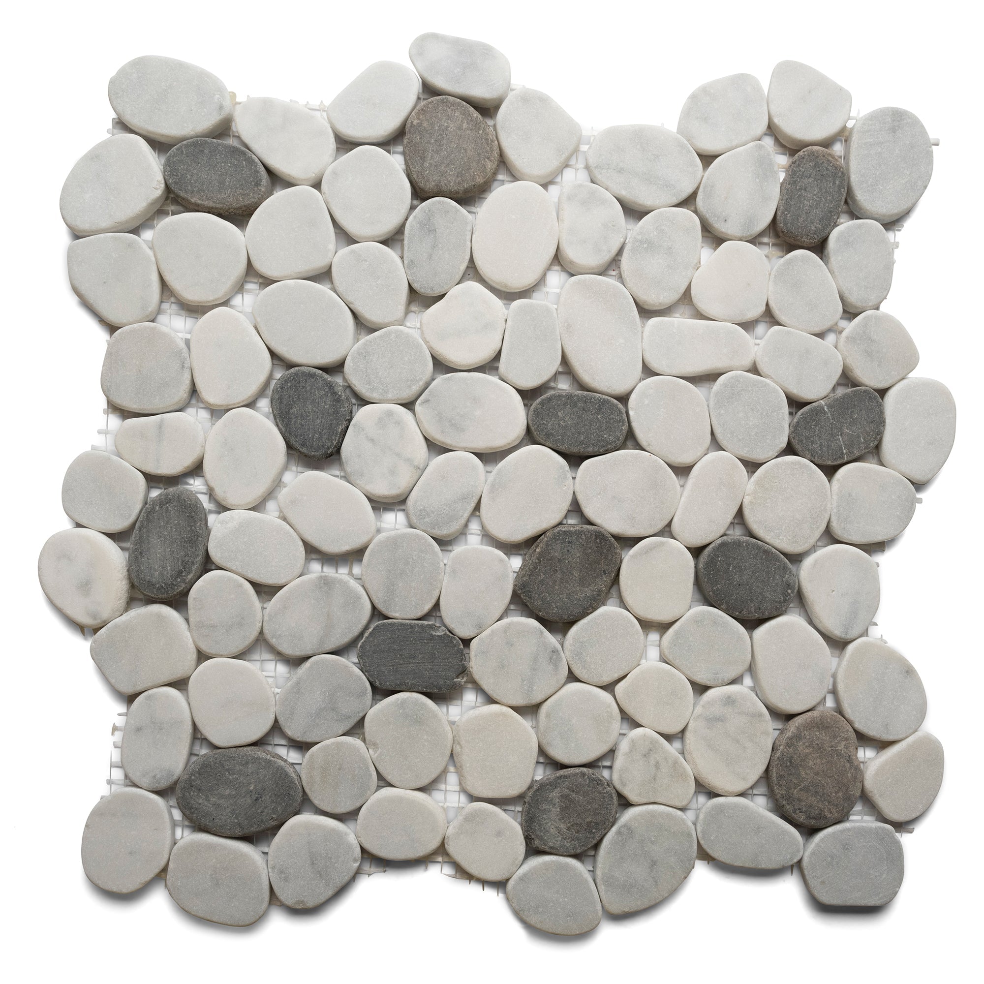 Sliced Mini Oval Super White And Grey Marble Mosaic Tile - Pebble Tile Shop