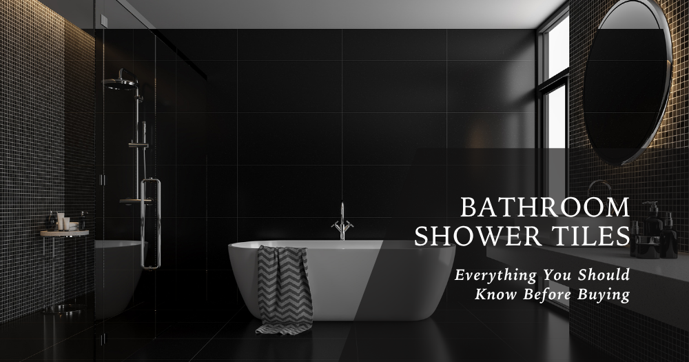 Modern black bathroom with freestanding bathtub, walk-in shower, and glossy black shower tiles.