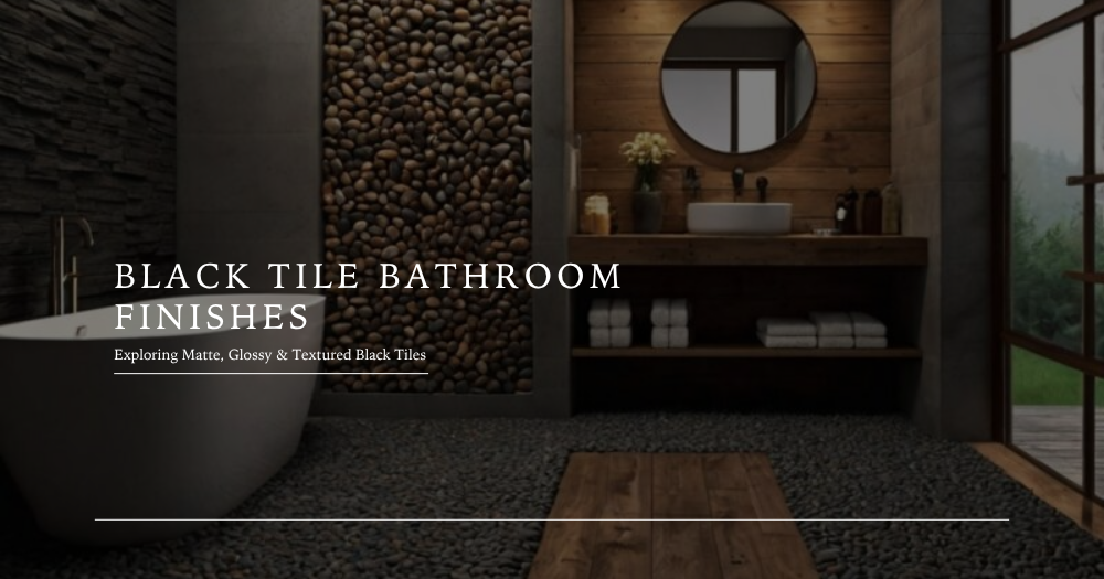 Modern black tile bathroom with pebble accent wall, freestanding tub, wooden vanity, and textured black pebble flooring, showcasing matte, glossy, and natural stone finishes.