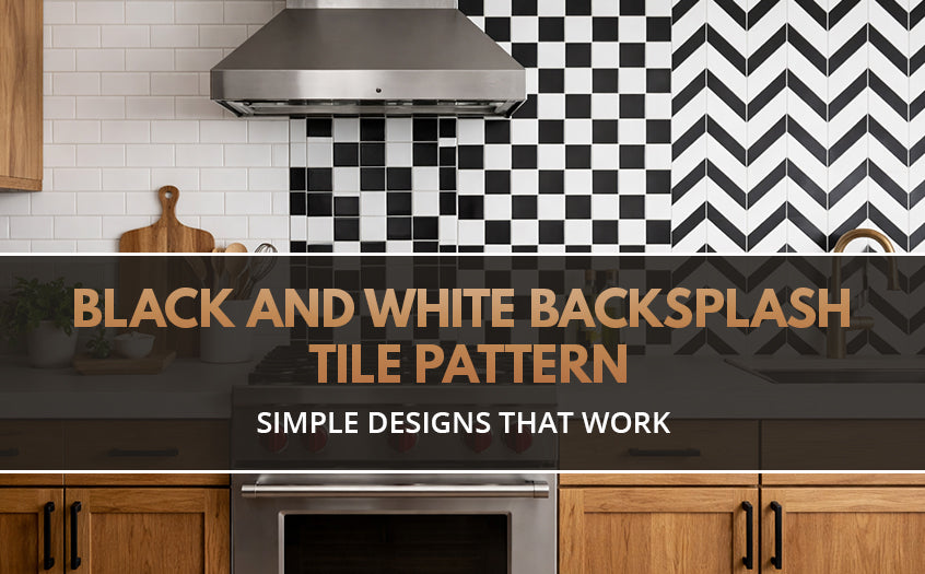 Black and white backsplash tile pattern showcasing checkerboard, subway, and herringbone designs behind a modern kitchen range