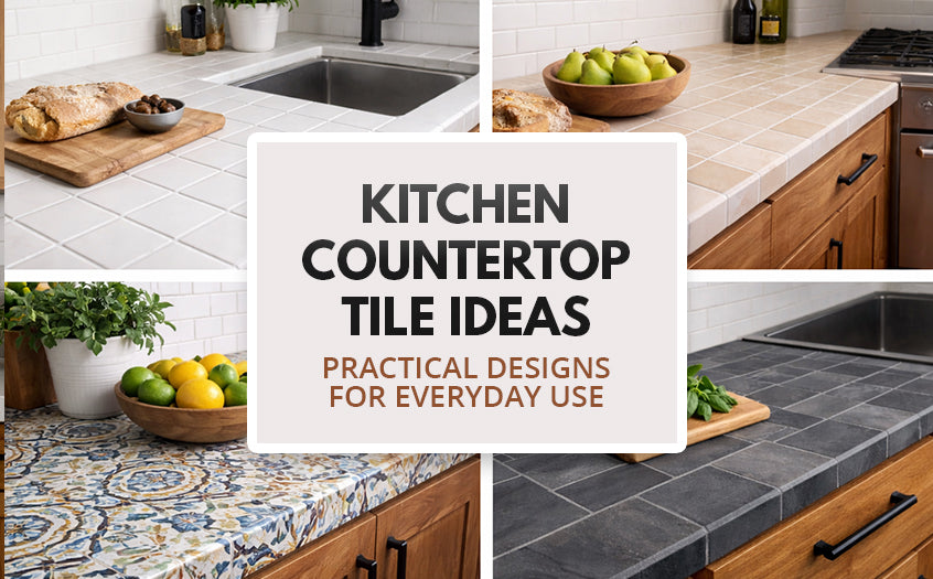Kitchen countertop tile ideas showcasing practical tiled countertops with ceramic, patterned, and stone-look tiles designed for everyday kitchen use