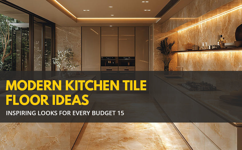 Modern kitchen tile floor ideas featuring a sleek, contemporary kitchen with glossy marble-look tiles and warm ambient lighting.