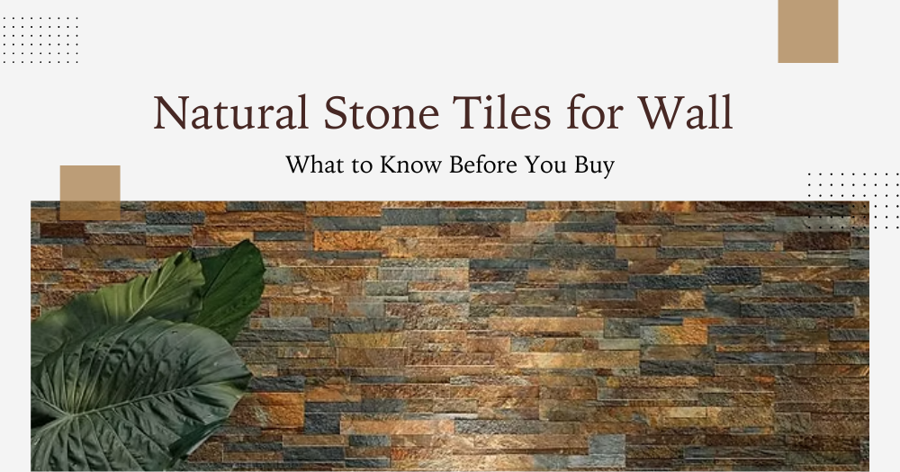 Stacked natural stone wall tiles in warm earthy tones with large green indoor leaves creating a modern, textured home décor backdrop.