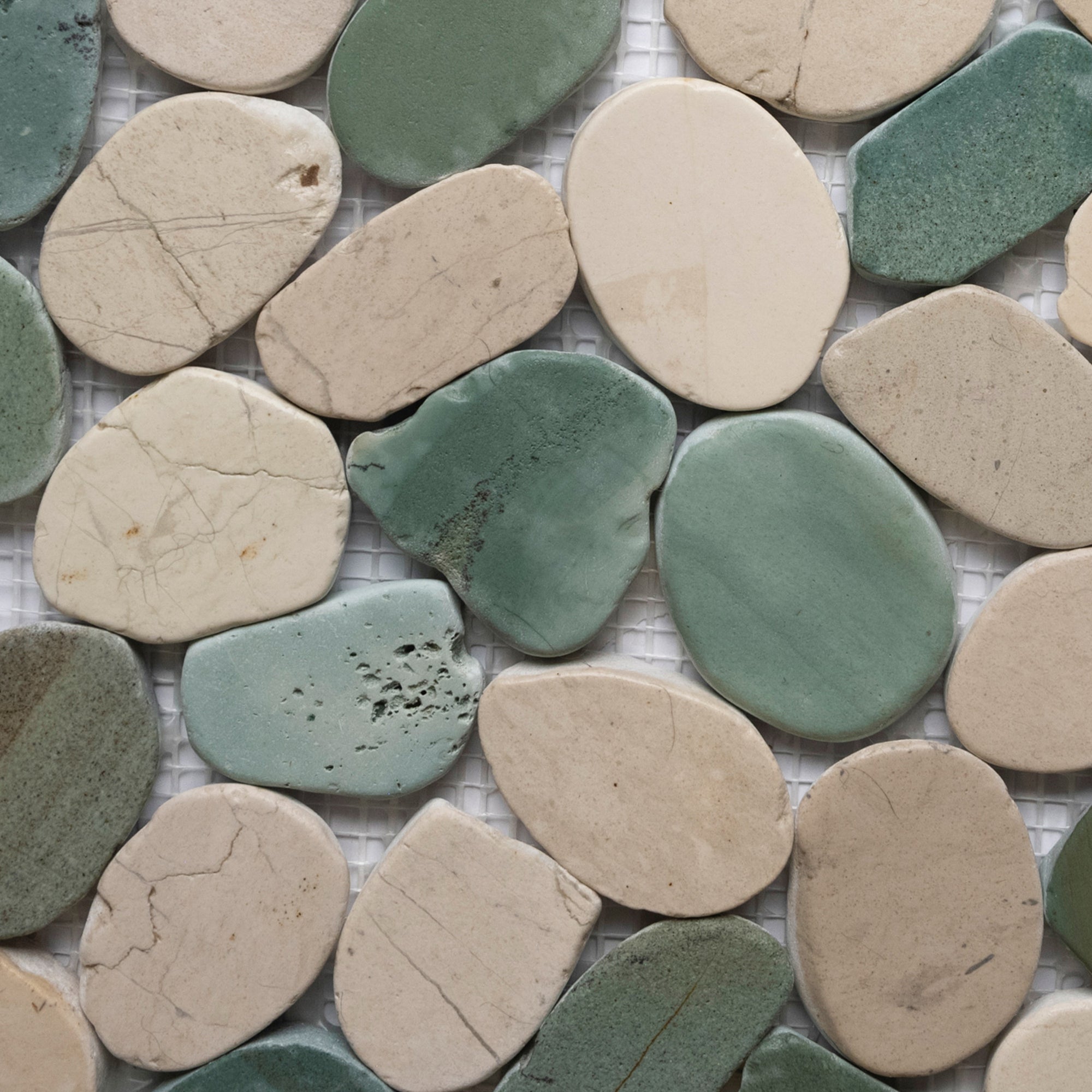 Sliced Sea Green and White Pebble Tile | Pebble Tile Shop